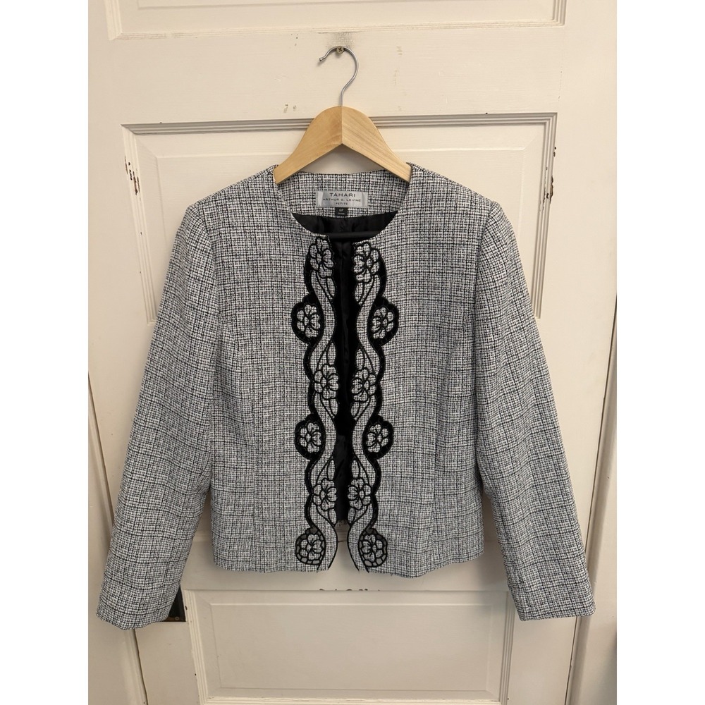 Tahari Black & White Floral Embroidered Tweed Open Blazer Office Lined Size 6P